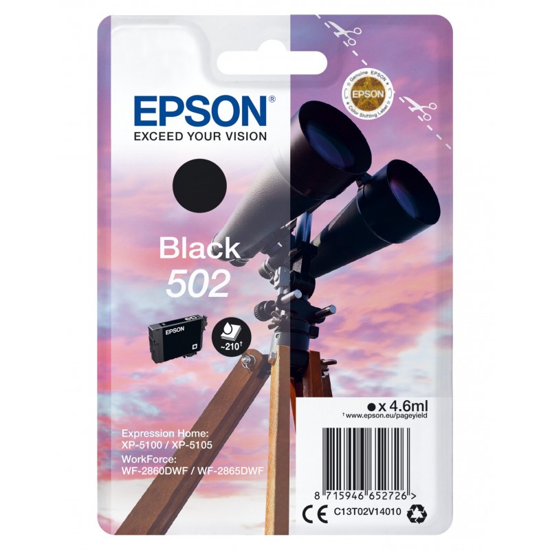 Epson Singlepack Black 502 Ink, Rendement standard, Encre à pigments, 4,6 ml, 210 pages, 1 pièce