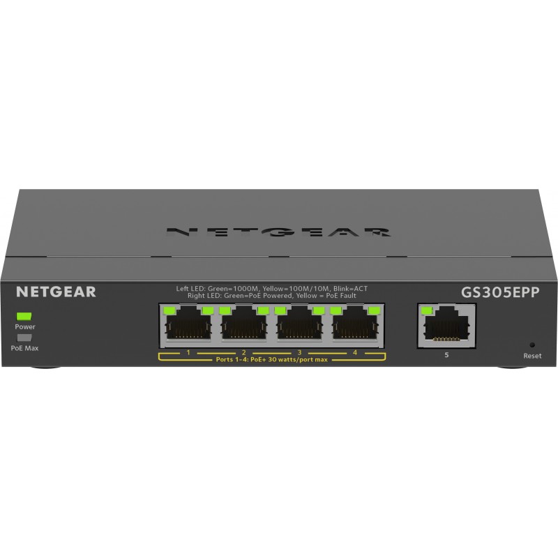 Netgear 5-Port Gigabit Ethernet High-Power PoE+ Plus Switch , Géré, L2L3, Gigabit Ethernet 101001000, Full duplex, Connexion Ethernet, supportant l'alimentation via ce port