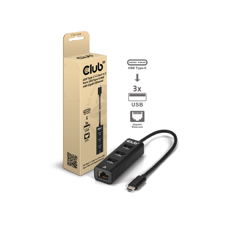 Club 3D CSV-1549, USB Type-C, RJ-45, USB 3.2 Gen 1 3.1 Gen 1 Type-A, 5000 Mbits, Noir, 12 W, Câble rond