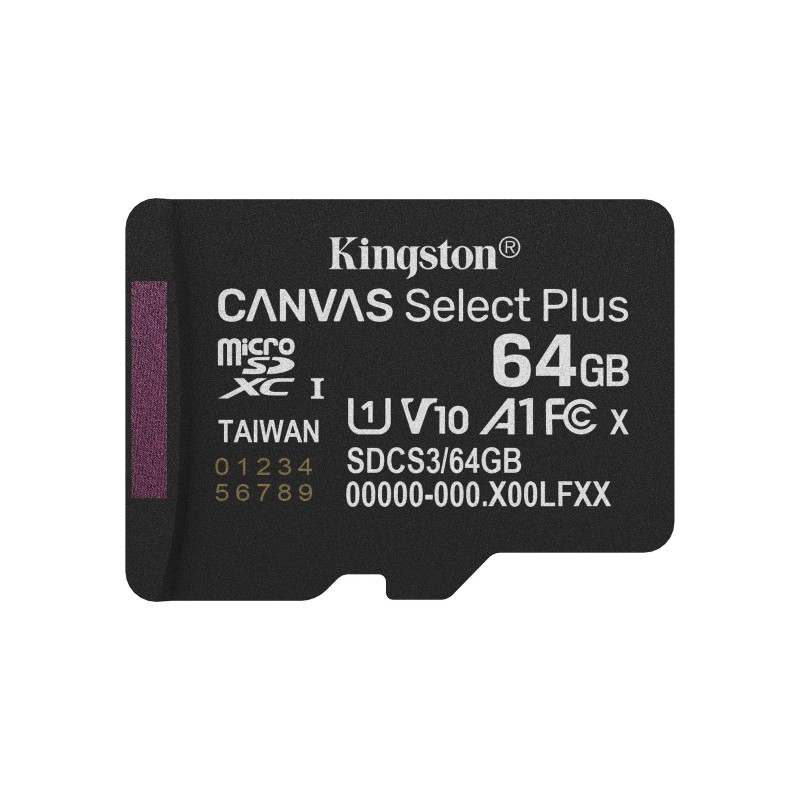 Kingston 64GB micSDXC Canvas Select Plus Gen3 100R A1 Adaptateur SD non inclus, 64 Go, MicroSDXC, Classe 10, UHS-I, 100 Mos, Class 1