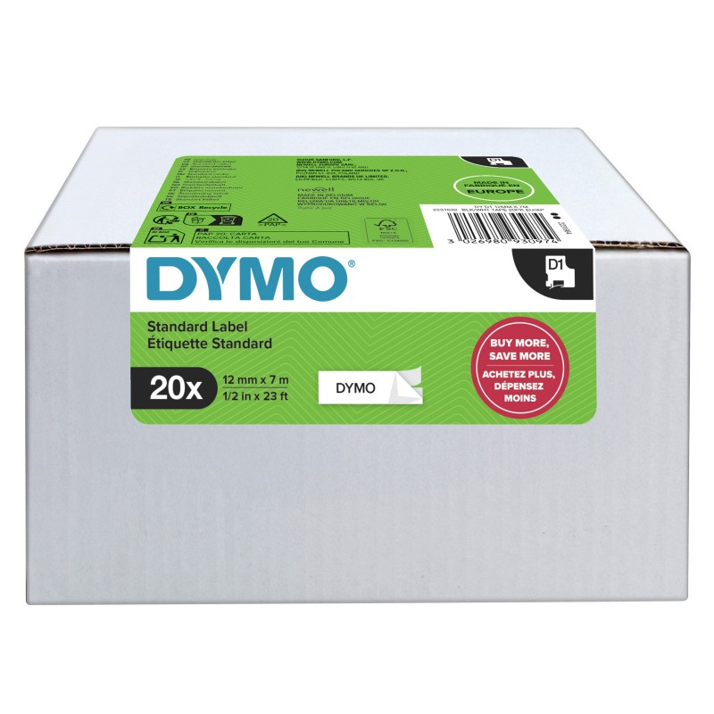 Dymo D1 étiquettes autocollantes authentiques | impression en noir sur fond blanc | 12 mm x 7 m | pour étiqueteuses LabelManager | 20 rouleaux, Blanc, Imprimante d'étiquette adhésive, 1,2 cm, 7 mm