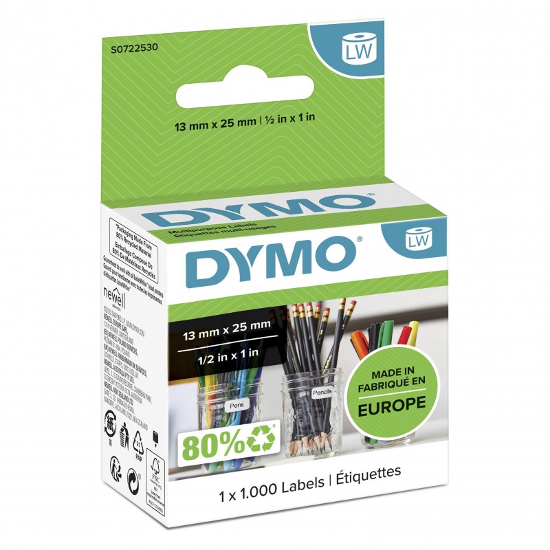 Dymo LW petites étiquettes autocollantes authentiques polyvalentes | 13 mm x 25 mm | rouleau de 1000 étiquettes faciles à décoller | pour les étiqueteuses LabelWriter, Blanc, Imprimante d'étiquette adhésive, Papier, Amovible, Rectangle, LabelWriter