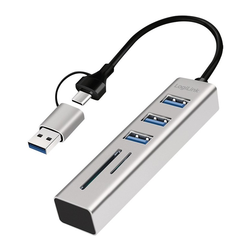 LogiLink UA0445, USB 3.2 Gen 1 3.1 Gen 1 Type-A + Type-C, USB 3.2 Gen 1 3.1 Gen 1 Type-A, SD, MicroSD , 5000 Mbits, Gris, Aluminium