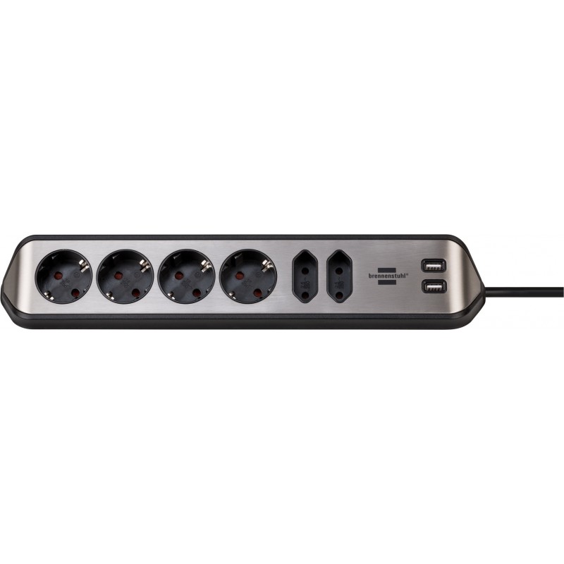 Brennenstuhl 1153590610, 2 m, 6 sortie CA, Intérieure, Courbe, IP20, Noir, Argent