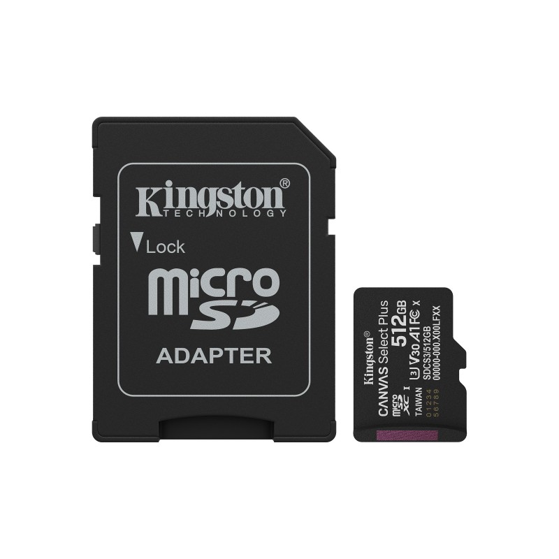 Kingston 512GB microSDXC Canvas Select Plus Gen3 150MBs A1 Adaptateur SD inclus, 512 Go, MicroSDXC, Classe 10, UHS-I, 150 Mos, Class 3