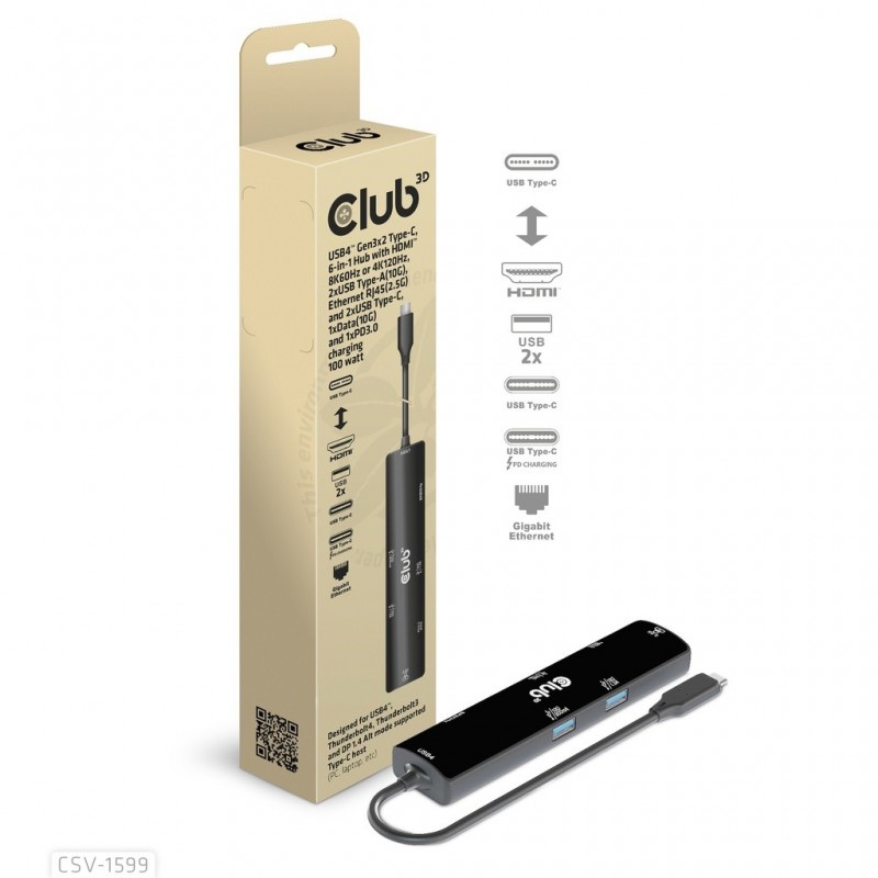 Club 3D CSV-1599, USB 3.2 Gen 1 3.1 Gen 1 Type-C, 100 W, 1.42.3, 10,100,1000 Mbits, Noir, 120 Hz