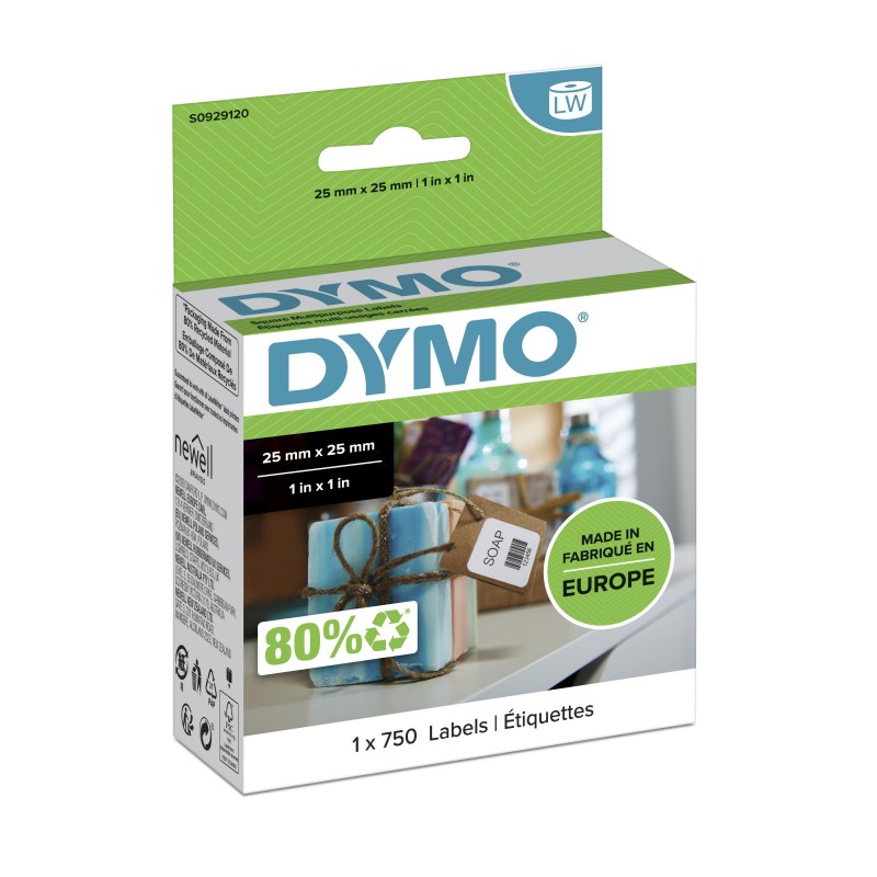 Dymo LW petites étiquettes autocollantes polyvalentes authentiques | 25 mm x 25 mm | rouleau de 750 étiquettes faciles à décoller | pour les étiqueteuses LabelWriter, Blanc, Imprimante d'étiquette adhésive, Papier, Amovible, Carré, LabelWriter
