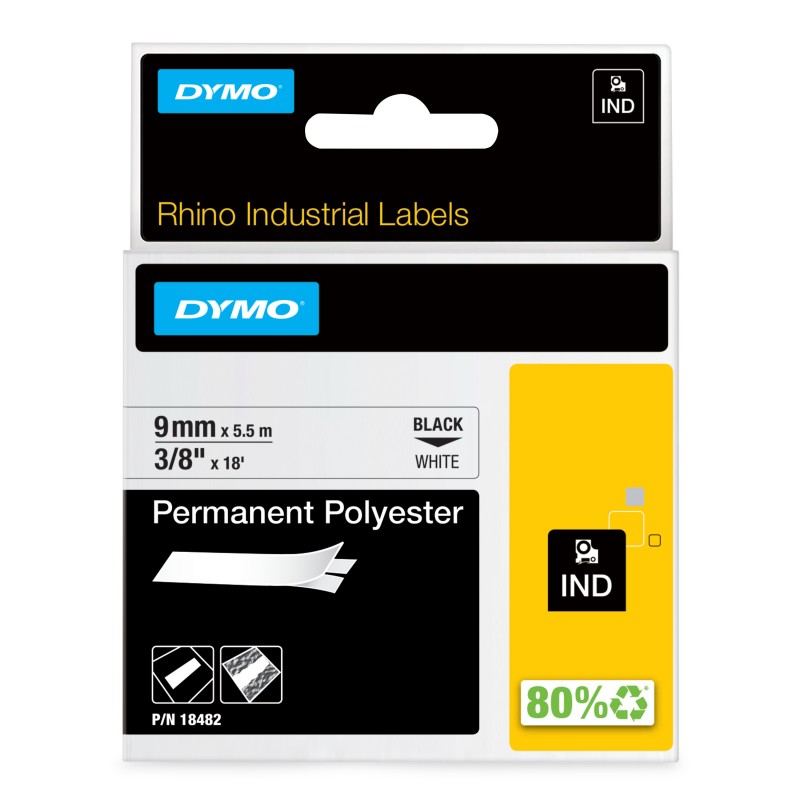 Dymo Rhino étiquettes industrielles autocollantes en polyester | 9 mm x 3,5 m | impression en noir sur fond blanc, Noir sur blanc, Multicolore, Polyester, -40 - 150 C, UL 969, DYMO