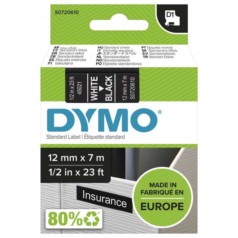Dymo D1 étiquettes autocollantes authentiques | impression en blanc sur fond noir | 12 mm x 7 m | pour étiqueteuses LabelManager, Blanc sur noir, Polyester, Belgique, -18 - 90 C, DYMO, LabelManager, LabelWriter 450 DUO