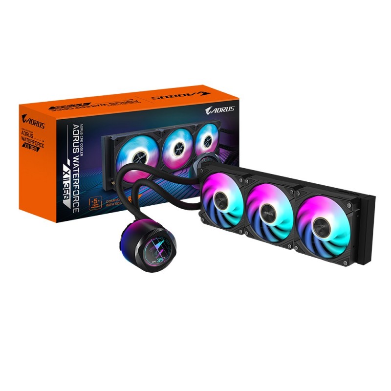 Gigabyte AORUS WATERFORCE X II 360 Refroidisseur liquide pour processeur AIO - 3x ventilateurs ARGB de 120 mm, écran LCD en couleur, DAISY-CHAIN, compatible avec Intel LGA 1851 et AMD AM5, Refroidisseur de liquide tout-en-un, 12 cm, Noir