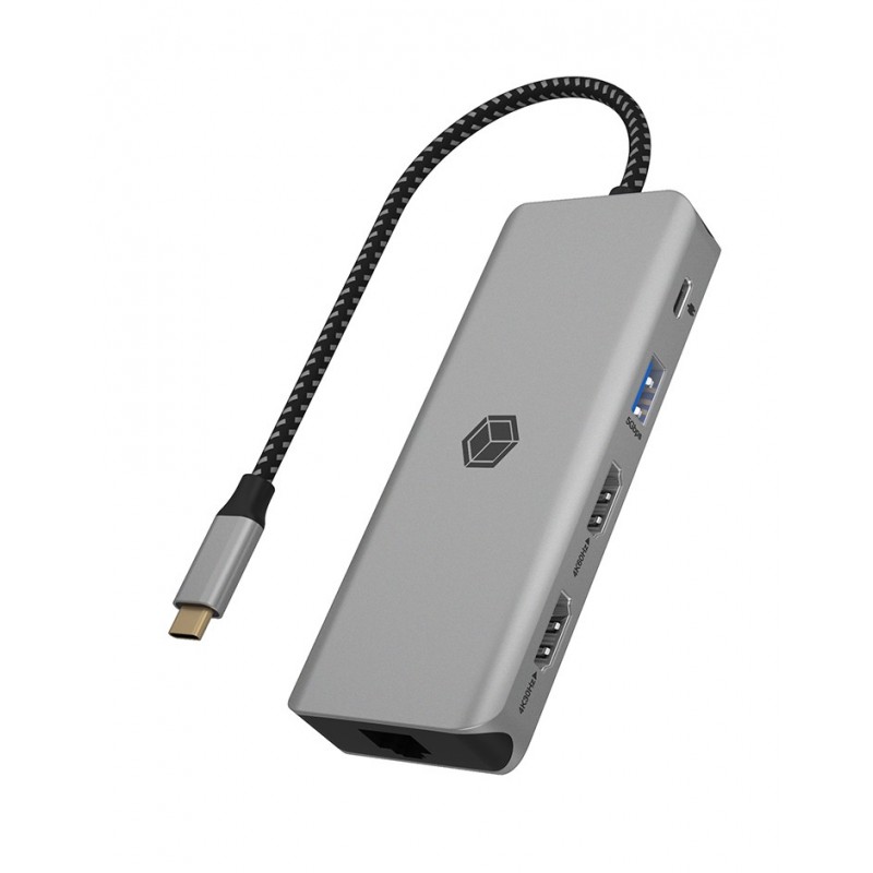 ICY BOX IB-DK4012-CPD, Avec fil, USB 3.2 Gen 1 3.1 Gen 1 Type-C, 100 W, 10,100,1000 Mbits, Anthracite, Noir, MicroSD , SD