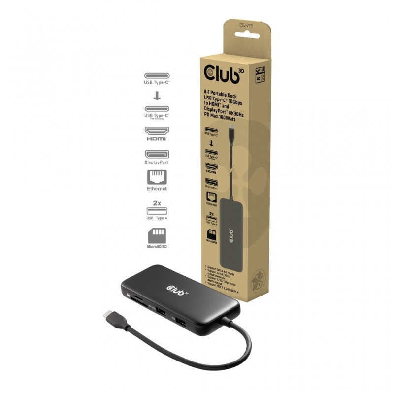 Club 3D CSV-2551, Avec fil, USB Type-C, 100 W, 1.42.2, 10,100,1000 Mbits, Noir