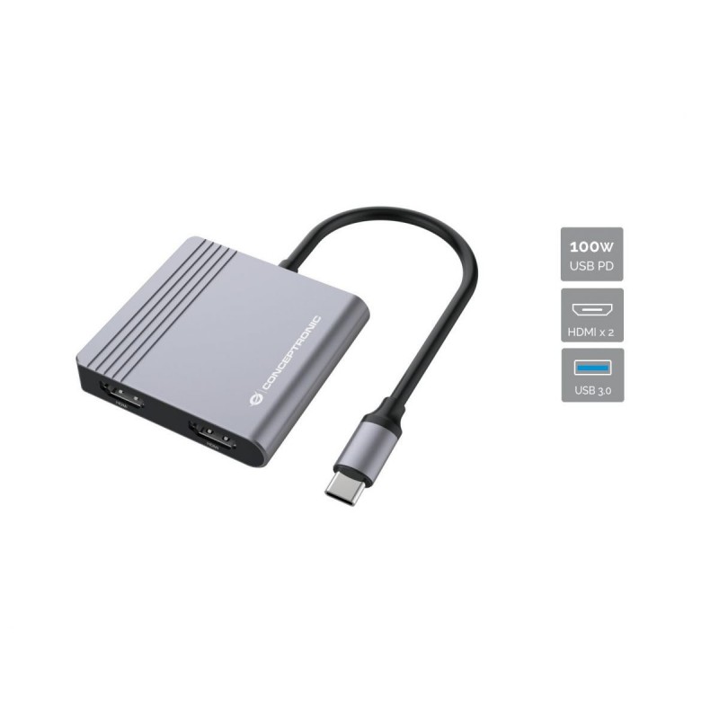 Conceptronic DONN13G, Avec fil, USB 3.2 Gen 1 3.1 Gen 1 Type-C, 100 W, Gris, 5 Gbits, 4K Ultra HD