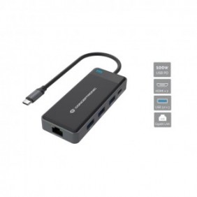 Conceptronic DONN14G, Avec fil, USB 3.2 Gen 1 3.1 Gen 1 Type-C, 100 W, 1000 Mbits, Gris, 5 Gbits