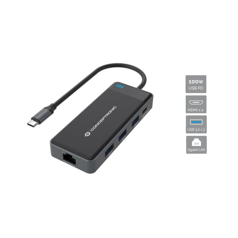 Conceptronic DONN14G, Avec fil, USB 3.2 Gen 1 3.1 Gen 1 Type-C, 100 W, 1000 Mbits, Gris, 5 Gbits