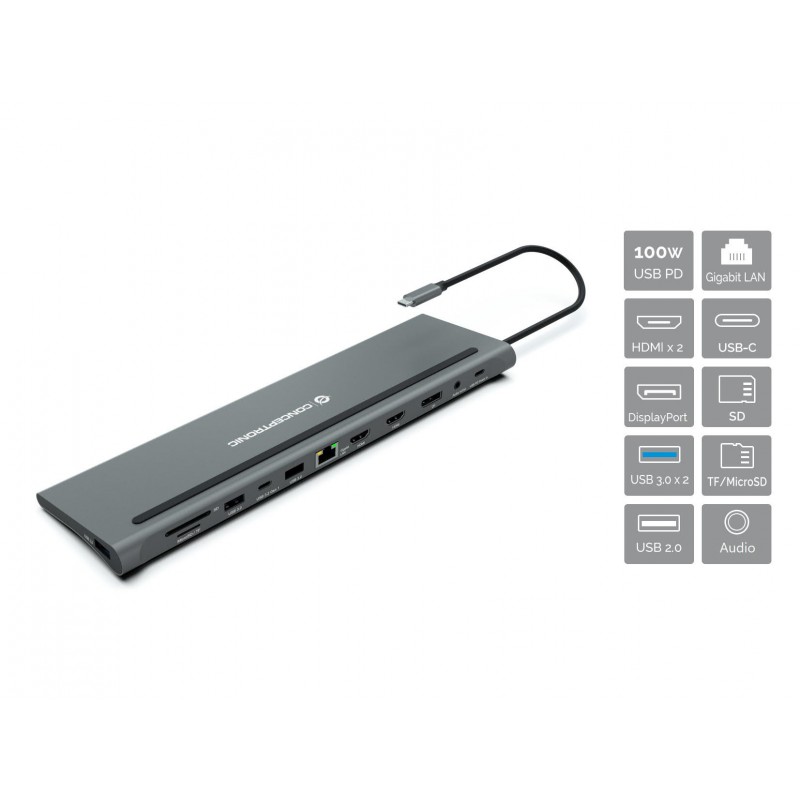 Conceptronic DONN17G, Avec fil, USB 3.2 Gen 1 3.1 Gen 1 Type-C, 100 W, 10,100,1000 Mbits, Gris, MicroSD , SD
