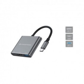 Conceptronic DONN18G, Avec fil, USB 3.2 Gen 1 3.1 Gen 1 Type-C, 100 W, Gris, 5 Gbits, 4K Ultra HD