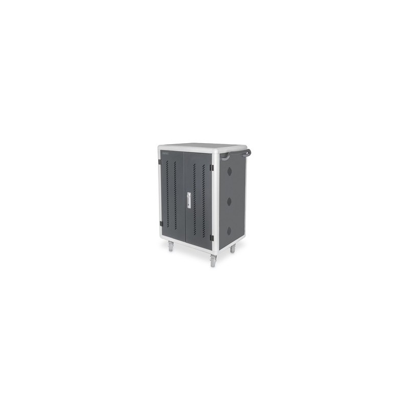 DIGITUS Armoire de charge mobile pour ordinateurs portables tablettes jusqu’à 15,6 pouces, synchronisation des données, UV-C, Classe mobile de charge et de gestion, Noir, Sol, 41,5 cm, 2 étagères, Acrylonitrile-Butadiène-Styrène , Aluminium, Acier
