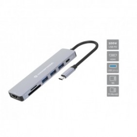 Conceptronic DONN19G, Avec fil, USB 3.2 Gen 1 3.1 Gen 1 Type-C, 100 W, Gris, MicroSD , SD, 5 Gbits