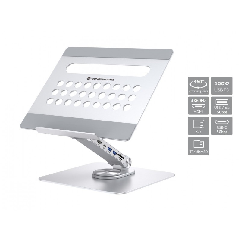 Conceptronic DONN27G, Supports de Laptop, Argent, Aluminium, 360, USB 3.2 Gen 1 3.1 Gen 1 Type-C, 5000 Mbits