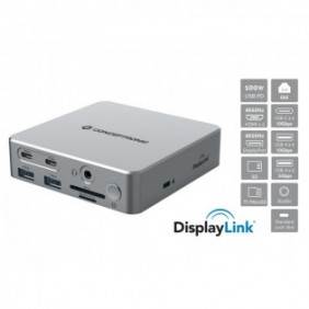 Conceptronic DONN25G, Avec fil, USB 3.2 Gen 2 3.1 Gen 2 Type-C, 100 W, 3,5 mm, 10,100,1000 Mbits, Argent