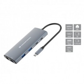 Conceptronic DONN06G, Avec fil, USB 3.2 Gen 1 3.1 Gen 1 Type-C, 100 W, 10,100,1000 Mbits, Gris, MicroSD , MicroSDHC, MicroSDXC, SD, SDHC, SDXC