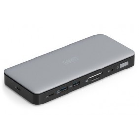 DIGITUS Station d'accueil USB-C, 11 ports, Avec fil, USB 3.2 Gen 2 3.1 Gen 2 Type-C, 1.42.2, 10,100,1000 Mbits, Noir, Gris, MicroSD , SD