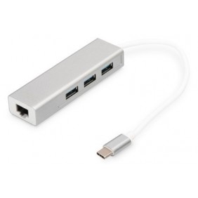 DIGITUS Concentrateur USB 3.0 de Type-C™ avec Gigabit Ethernet, USB 3.2 Gen 1 3.1 Gen 1 Type-C, IEEE 802.3, IEEE 802.3ab, IEEE 802.3u, Gris, Blanc, USB 3.2 Gen 1 3.1 Gen 1 Type-A, Chine, USB