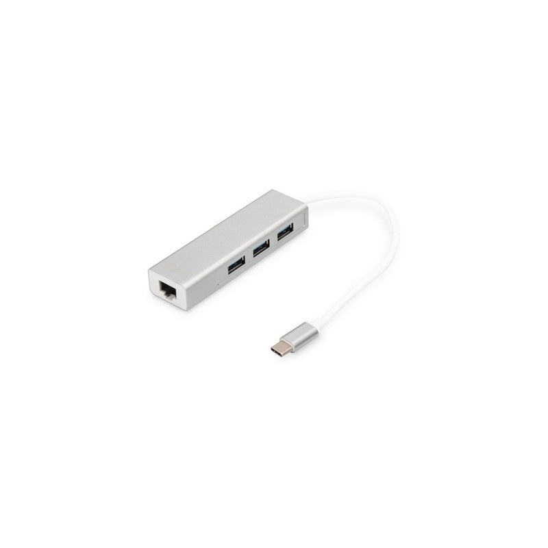 DIGITUS Concentrateur USB 3.0 de Type-C™ avec Gigabit Ethernet, USB 3.2 Gen 1 3.1 Gen 1 Type-C, IEEE 802.3, IEEE 802.3ab, IEEE 802.3u, Gris, Blanc, USB 3.2 Gen 1 3.1 Gen 1 Type-A, Chine, USB