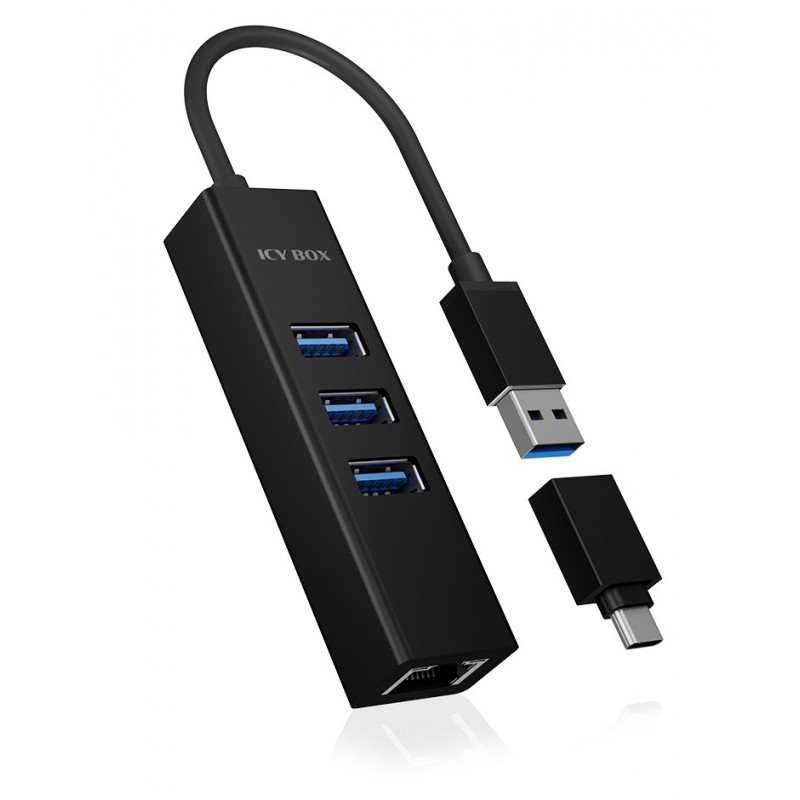 ICY BOX IB-HUB1419-LAN, USB 3.2 Gen 1 3.1 Gen 1 Type-A, 10,100,1000 Mbits, IEEE 802.1Q, IEEE 802.1p, IEEE 802.3, IEEE 802.3az, IEEE 802.3u, IEEE 802.3x, Noir, RJ-45, USB 3.2 Gen 1 3.1 Gen 1 Type-A, Aluminium