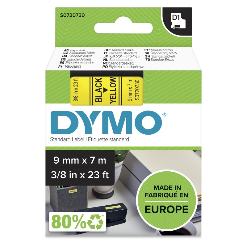 Dymo D1 étiquettes autocollantes authentiques | rouleau de 9 mm x 7 m | impression en noir sur fond jaune | autocollantes | pour étiqueteuses LabelManager, Noir sur jaune, Polyester, Belgique, -18 - 90 C, DYMO, LabelManager, LabelWriter 450 DUO