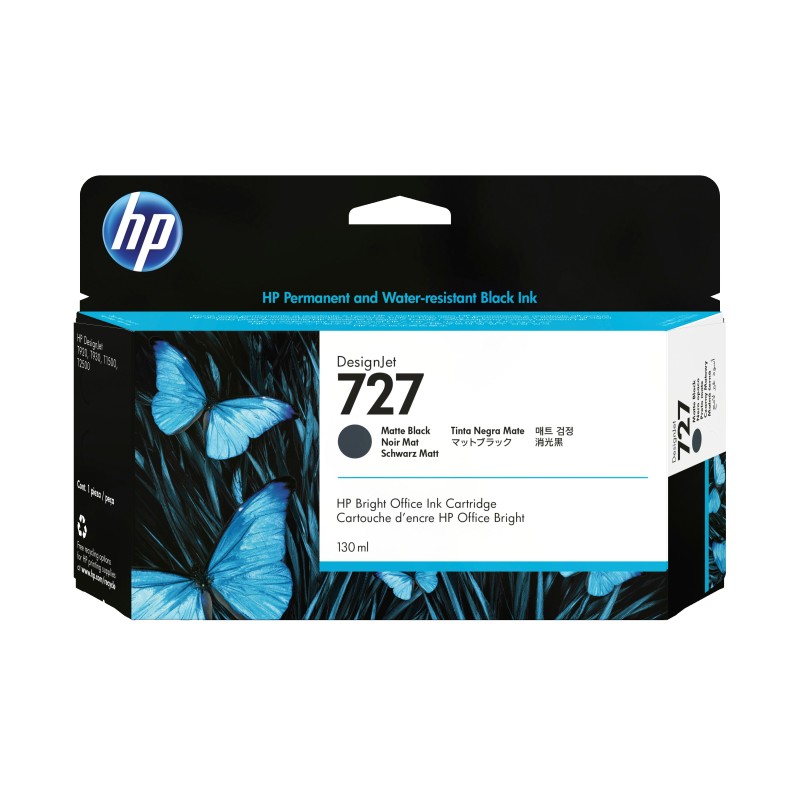 HP 727 cartouche d'encre DesignJet noire mate, 130 ml, Gammes d'imprimantes HP DesignJet T920, gamme d'imprimantes HP DesignJet T1500, gamme..., A jet d'encre thermique, Noir, B3P22A, Professionnel, Singapour