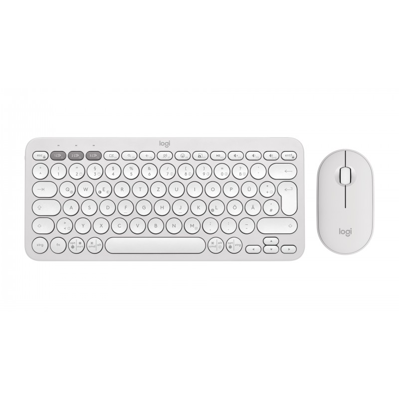 Logitech 920-012204, Sans fil, RF sans fil + Bluetooth, Commutateur de touche « ciseaux », QWERTZ, Blanc, Souris incluse