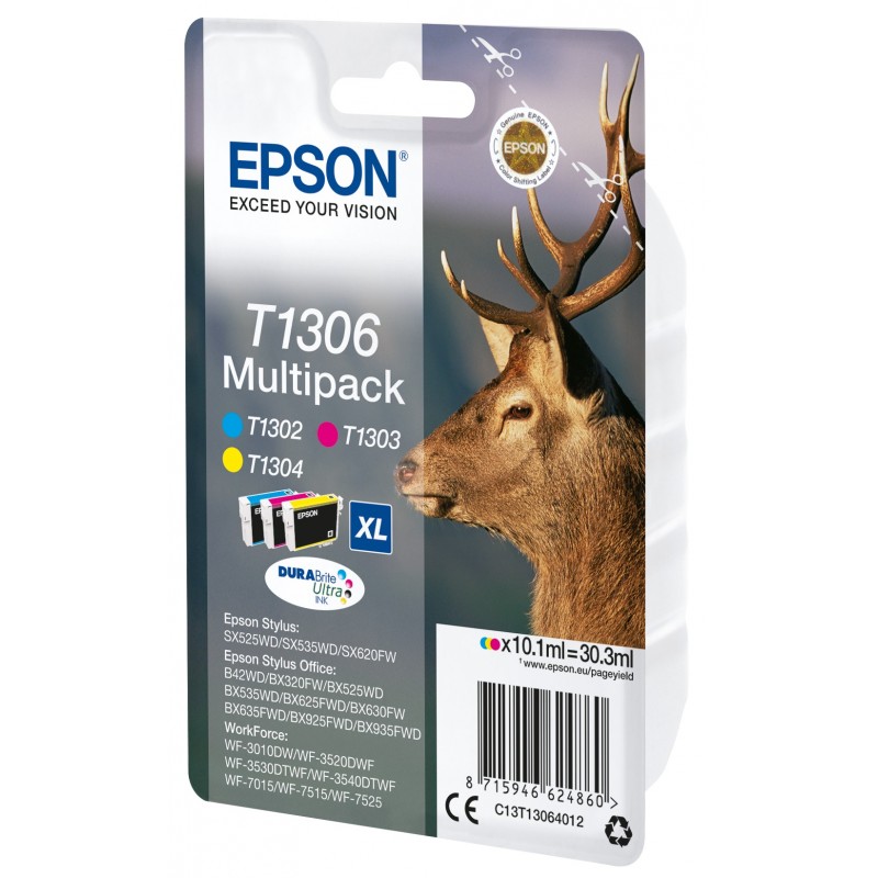 Epson Stag Encre DURABrite Ultra multipack 3 couleurs Cerf T1306, Rendement élevé , Cyan, Magenta, Jaune, Encre à pigments, 10,1 ml, 1 pièce, Multi pack