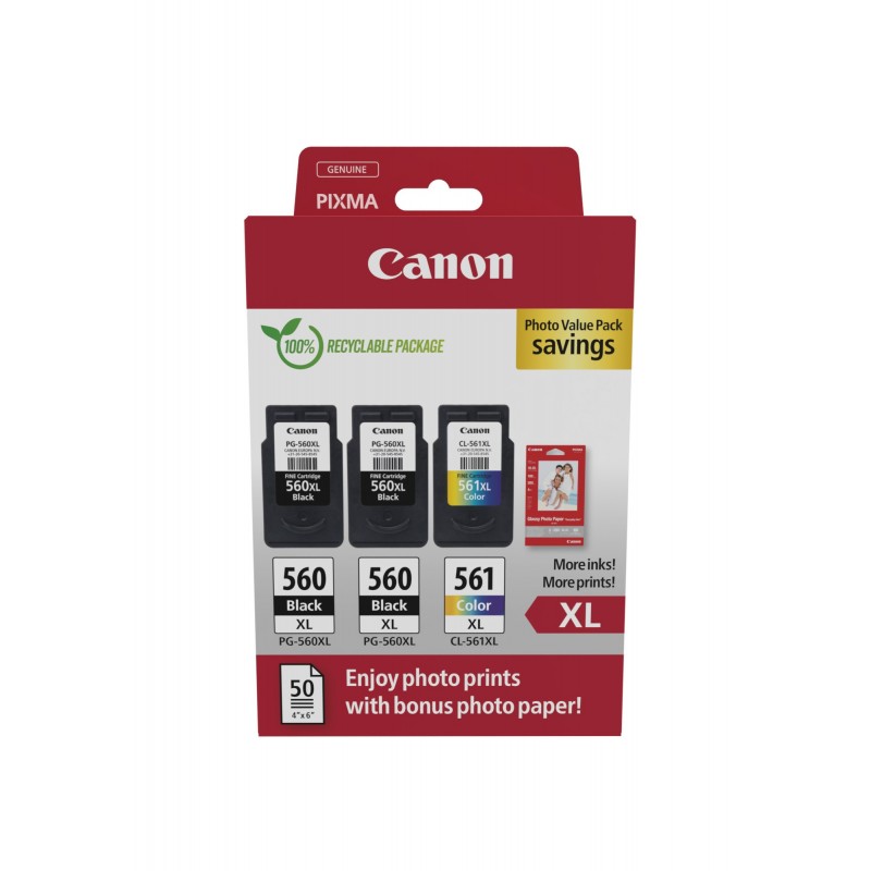 Canon 3712C012, Rendement élevé , Noir, Cyan, Magenta, Jaune, 3 pièce, Pack de valeur de photo