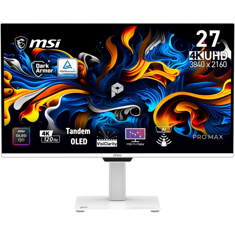 MSI Pro MAX 271UPXW12G, 67,3 cm 26.5", 3840 x 2160 pixels, Full HD Ultra large, QD-OLED, 0,03 ms, Blanc