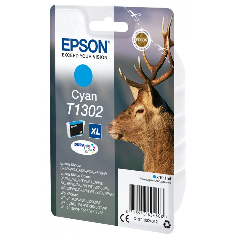 Epson Stag Encre cyan DURABrite Ultra Cerf T1302, Rendement élevé , Cyan, 10,1 ml, 1 pièce, 765 pages