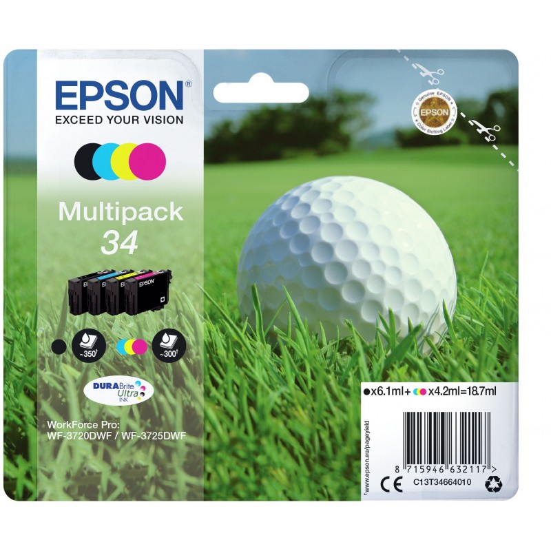 Epson Golf ball Encre DURABrite Ultra multipack 4 couleurs Balle de golf 34, Rendement standard, Noir, Cyan, Magenta, Jaune, Encre à pigments, 6,1 ml, 4,2 ml, 1 pièce