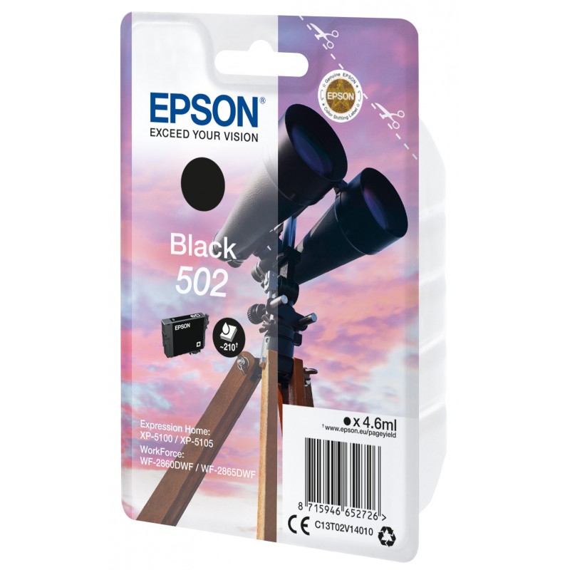 Epson Singlepack Black 502 Ink, Rendement standard, Noir, Encre à pigments, 4,6 ml, 1 pièce, 210 pages