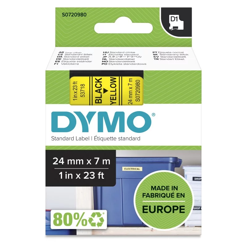 Dymo D1 étiquettes autocollantes authentiques | rouleau de 24 mm x 7 m | impression en noir sur fond jaune | autocollantes | pour étiqueteuses LabelManager, Noir sur jaune, D1, Polyester, Belgique, -18 - 90 C, DYMO
