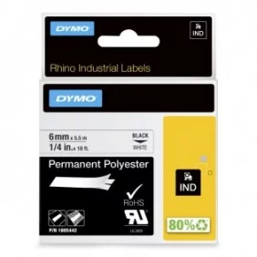 Dymo Rhino Étiquettes Industrielles | polyester permanent | 6 mm x 5,5 m | autocollantes impression en Noir sur fond blanc | pour étiqueteuses Rhino et LabelManager, Noir sur blanc, Multicolore, Polyester, -40 - 150 C, UL 969, DYMO