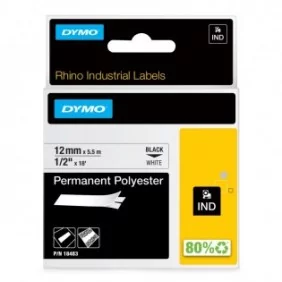 Dymo Rhino Étiquettes Industrielles | polyester permanent | 12 mm x 5,5 m | autocollantes impression en Noir sur fond blanc | pour étiqueteuses Rhino et LabelManager, Noir sur blanc, Multicolore, Polyester, -40 - 150 C, UL 969, DYMO