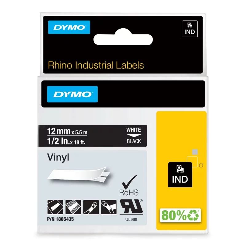 Dymo Rhino étiquettes industrielles autocollantes en vinyle | 12 mm x 5,5 m | impression en blanc sur fond noir, Blanc sur noir, Multicolore, Vinyl, -40 - 80 C, UL 969, DYMO