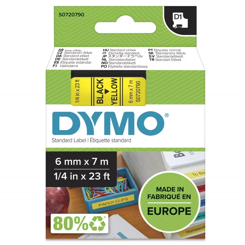 Dymo D1 étiquettes autocollantes authentiques | rouleau de 6 mm x 7 m | impression en noir sur fond jaune | autocollantes | pour étiqueteuses LabelManager, Noir sur jaune, Polyester, Belgique, -18 - 90 C, DYMO, LabelManager, LabelWriter 450 DUO