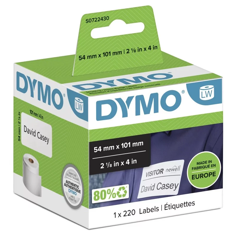 Dymo LW grandes étiquettes autocollantes authentiques pour expéditions et badges nominatifs | 54 mm x 101 mm | rouleau de 220 étiquettes faciles à décoller | pour les étiqueteuses LabelWriter, Blanc, Imprimante d'étiquette adhésive, Papier