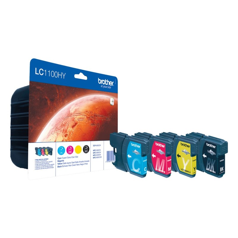 Brother Pack de cartouches d'encre LC1100HYVALBP originales à haut rendement, Rendement élevé , Noir, Cyan, Magenta, Jaune, 4 pièce, 900 pages, 750 pages, Multi pack