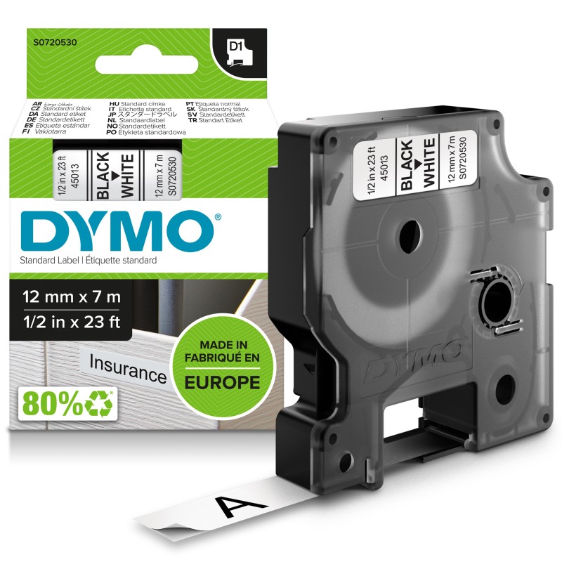 Dymo D1 étiquettes autocollantes authentiques | impression en noir sur fond blanc | 12 mm x 7 m | pour étiqueteuses LabelManager, Noir sur blanc, Polyester, Belgique, -18 - 90 C, DYMO, LabelManager, LabelWriter 450 DUO