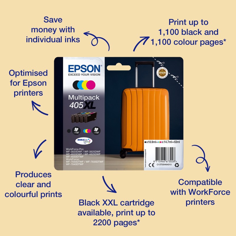 Epson Singlepack Black 405 DURABrite Ultra Ink, Rendement standard, Noir, Encre à sublimation thermique, 7,6 ml, 7,6 ml, 1 pièce