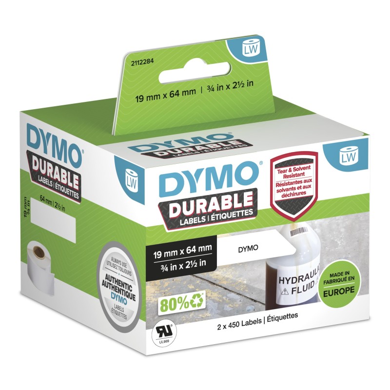 Dymo LW Étiquettes industrielles résistantes | authentique | plastique blanc | 19 x 64 mm | 2 rouleaux de 450 lot de 900 | pour étiqueteuses LabelWriter 450550 et 4XL5XL, Blanc, Imprimante d'étiquette adhésive, Polypropylène , 1,9 cm, 6,4 cm, 300 g