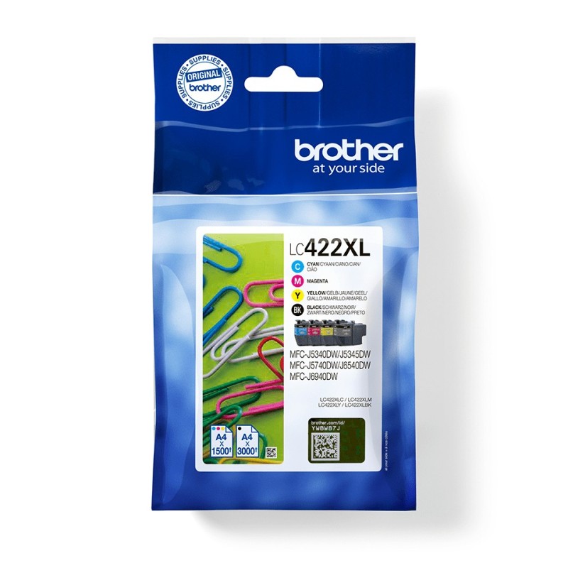 Brother LC422XLVAL - Pack de cartouches d'encre originales pour imprimantes, Noir, Cyan, Magenta, Jaune, 4 pièce, 3000 pages, 1500 pages, Multi pack